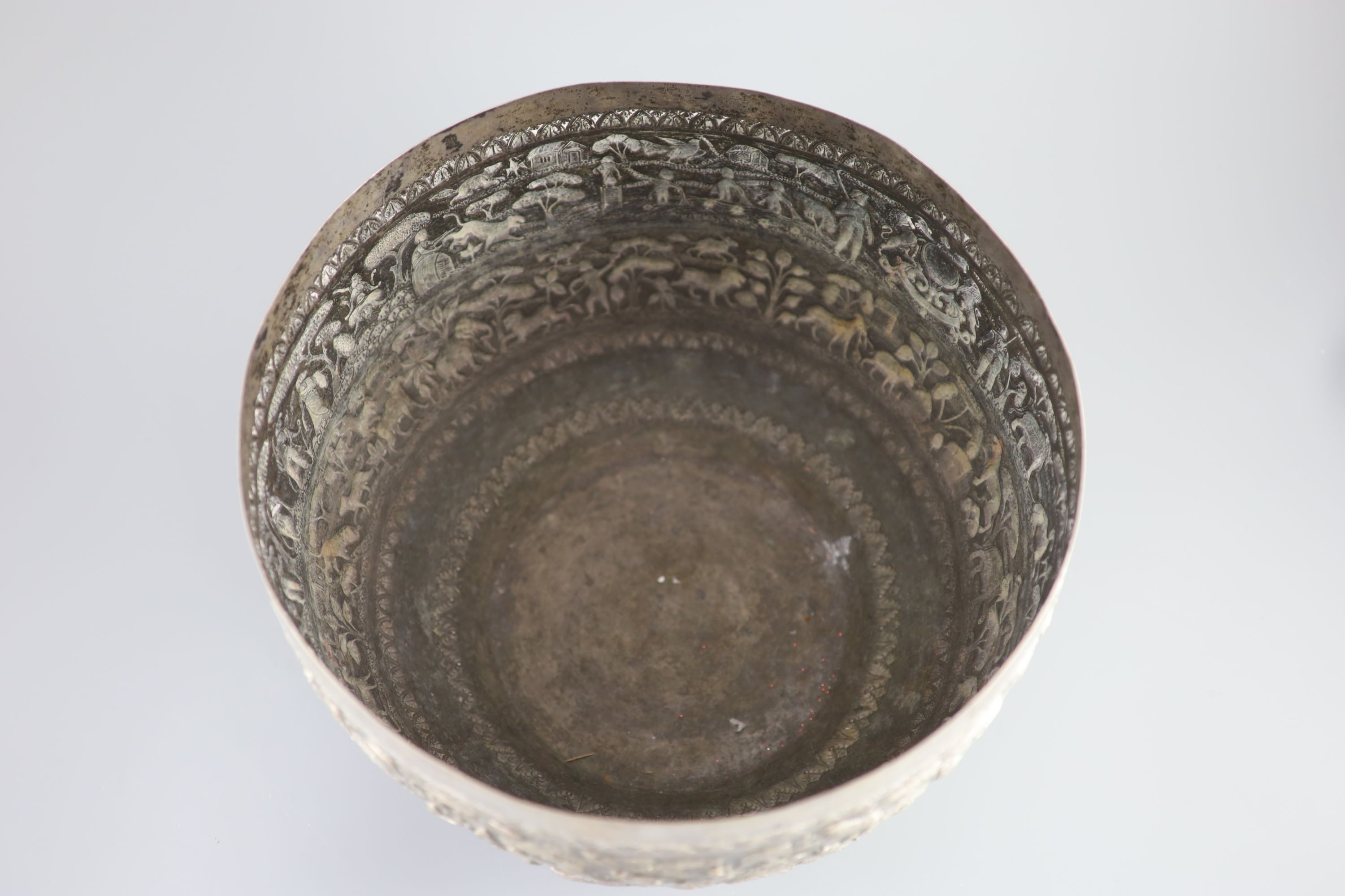 A large late 19th century Indian export embossed silver bowl, diameter 31.2cm, height 20.1cm, 36oz.